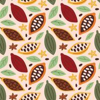 Cocoa fruits and leaves, cocoa beans pattern vector
