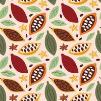 Cocoa fruits and leaves, cocoa beans pattern vector