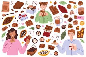 Chocolate hand drawn set, people eating chocolate vector