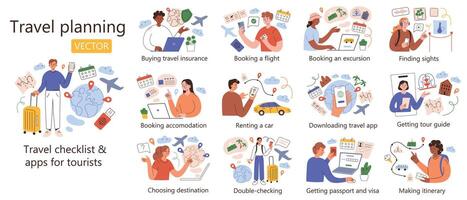 Travel planning scenes collection, hand drawn set of traveling compositions with cartoon characters, traveler checklist, vector illustrations of booking flight, hotel, mobile apps and services