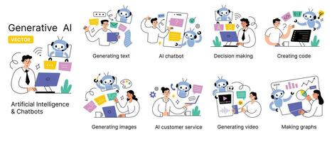 artificial inteligencia generando textos, imágenes, video. generativo ai mano dibujado conjunto de composiciones personas utilizando ai a crear contenido. computadora los usuarios candó linda robot. chatbot aplicaciones, ai software vector