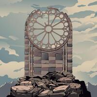 Medieval rose window in ruins. stone background over cloudy sky vector