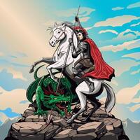 vector hand drawn st. george's day. Knight illustration with on horseback on the top of mountain. Fighting with dragon. Saint George and the Dragon.