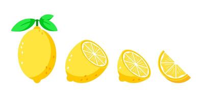 Set depicting whole and cut lemons with leaves, ideal for culinary and health themes vector