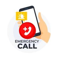 Hand holding a smartphone with an emergency call icon and alert notification symbol vector