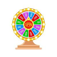 Vibrant prize wheel with various score sections and a central spin button, surrounded by lights, ideal for games and promotions vector