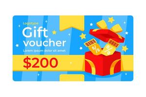 Special Shopping Treat 200 Gift Voucher with a Festive Box and Discount Tickets Design vector