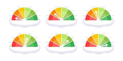 Speedometer set, gauge meter. Speed dial indicator. Scale, level of performance. Score progress. Vector illustration