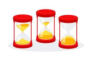 Showing three hourglasses with sand at different levels, symbolizing passing time. Vector illustration