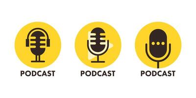 Podcast icon, logo. Studio table microphone with broadcast. Radio show. Audio blog. Vector illustration