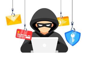 Hacker with a phishing trap, targeting personal login information. Cybersecurity Threat and Identity Theft vector