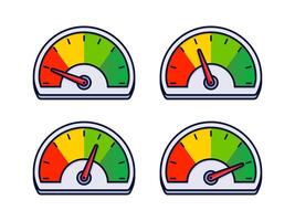 Speedometer set, gauge meter. Speed dial indicator. Scale, level of performance. Score progress. Vector illustration