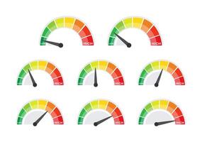 Speedometer set, gauge meter. Speed dial indicator. Scale, level of performance. Score progress. Vector illustration