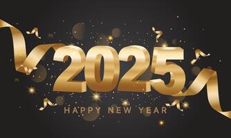 Happy New Year 2025. Golden 3D numbers with ribbons and confetti , isolated on transparent background. vector