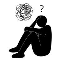 Silhouette of depressed man sitting on floor. Vector illustration. Sad man tensely thinking over problems. Mental health concept. Stress, despair, mental illness, frustration, hopelessness.