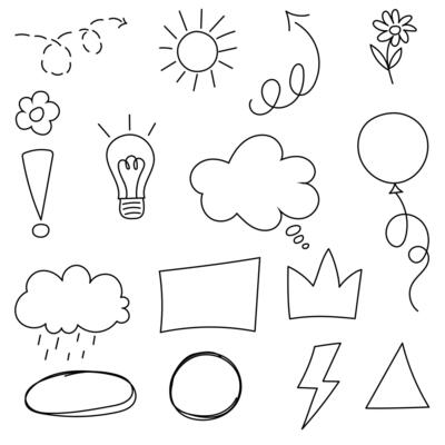 Hand drawn doodle scribbles border, speech bubbles, arrows, crown, flower set. Sketch outline vector element isolated on white