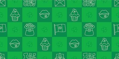 St Patricks Day funny seamless pattern with a checkered green background and cute hand-drawn Irish holiday icons, symbols, and elements. vector