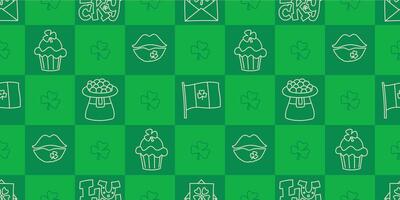 St Patricks Day funny seamless pattern with a checkered green background and cute hand-drawn Irish holiday icons, symbols, and elements. vector