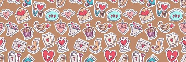 The love theme doodle style seamless pattern, Valentines Day hand-drawn color icons with a simple engraving retro effect. Romantic mood, cute symbols and elements backgrounds collection. vector