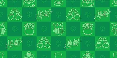 St Patricks Day funny seamless pattern with a checkered green background and cute hand-drawn Irish holiday icons, symbols, and elements. vector