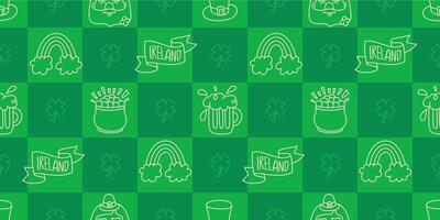 St Patricks Day funny seamless pattern with a checkered green background and cute hand-drawn Irish holiday icons, symbols, and elements. vector