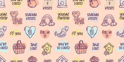 The love theme doodle style color seamless pattern, Valentines Day hand-drawn icons with a simple engraving retro effect. Romantic mood, cute symbols and elements backgrounds collection. vector