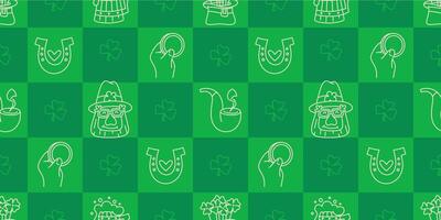 St Patricks Day funny seamless pattern with a checkered green background and cute hand-drawn Irish holiday icons, symbols, and elements vector