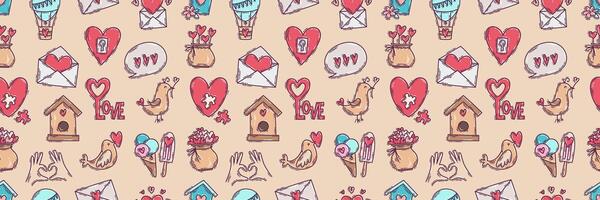 The love theme doodle style color seamless pattern, Valentines Day hand-drawn icons with a simple engraving retro effect. Romantic mood, cute symbols and elements backgrounds collection. vector