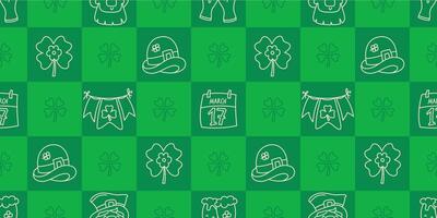 St Patricks Day funny seamless pattern with a checkered green background and cute hand-drawn Irish holiday icons, symbols, and elements. vector