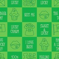 St Patricks Day funny seamless pattern with a checkered green background and cute hand-drawn Irish holiday quotes, icons, symbols, and elements. vector