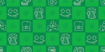 St Patricks Day funny seamless pattern with a checkered green background and cute hand-drawn Irish holiday icons, symbols, and elements. vector