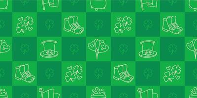 St Patricks Day funny seamless pattern with a checkered green background and cute hand-drawn Irish holiday icons, symbols, and elements. vector