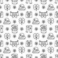 St Patricks day doodle style seamless pattern in black and white, hand-drawn icons background, cute Irish holiday symbols and elements collection. vector