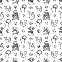 St Patricks day doodle style seamless pattern in black and white, hand-drawn icons background, cute Irish holiday symbols and elements collection. vector