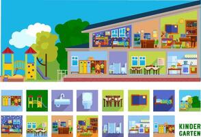 Kindergarten. Kindergarten building with all rooms and playground vector