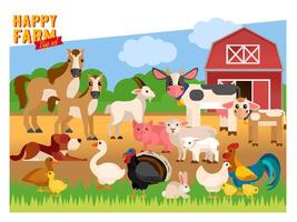 Happy farm. Who lives on the farm. Animals in the background of a red barn. vector