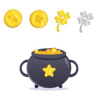 Color vector illustration with a set of various coins and gold and silver elements in the form of clover, a cauldron with liquid gold