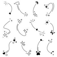 Black and white vector set with arrow icons in doodle style. hearts, dots, sparkles, stars