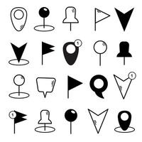 Black and white vector set of icons with various shaped travel and navigator marks. Pin, flag, label
