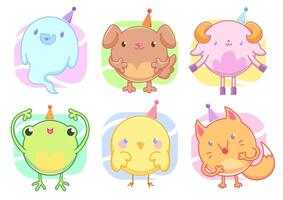 Set of color vector illustrations. icons with holiday animals. ghost, dog, sheep, frog, chicken, fox