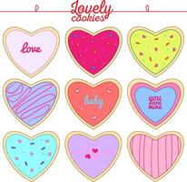 Pack of icon cookies for 14 february or wedding in heart shape with different theme colors like pink, violet, blue and with inscriptions vector