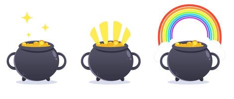 Color vector illustration with a set of cauldrons with liquid gold