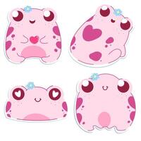 Set of cartoon vector, cute frogs in pink with a blue flower on their head and freckles vector