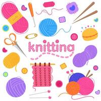 Color vector icon set with various knitting and sewing items. balls of thread, wool, knitting needles, buttons