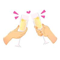 Color vector illustration with hissing bubbles in a glass of champagne or lemonade in hands and heart