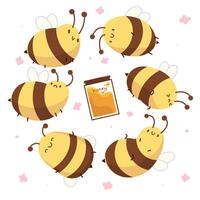 A set of vector images of cute bees in yellow and brown shades, with different emotions from happy to sad