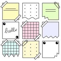 Vector set of icons with notes and stickers in color and black and white. Paper clips, tape, stickers, sheets