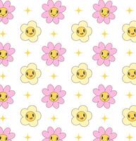 Colored vector seamless pattern in groovy style with flowers and sparkles