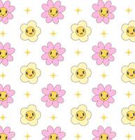 Colored vector seamless pattern in groovy style with flowers and sparkles