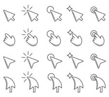 Black and white set of vector icons with cursors and clicks. Circle, dashes, hand, mouse